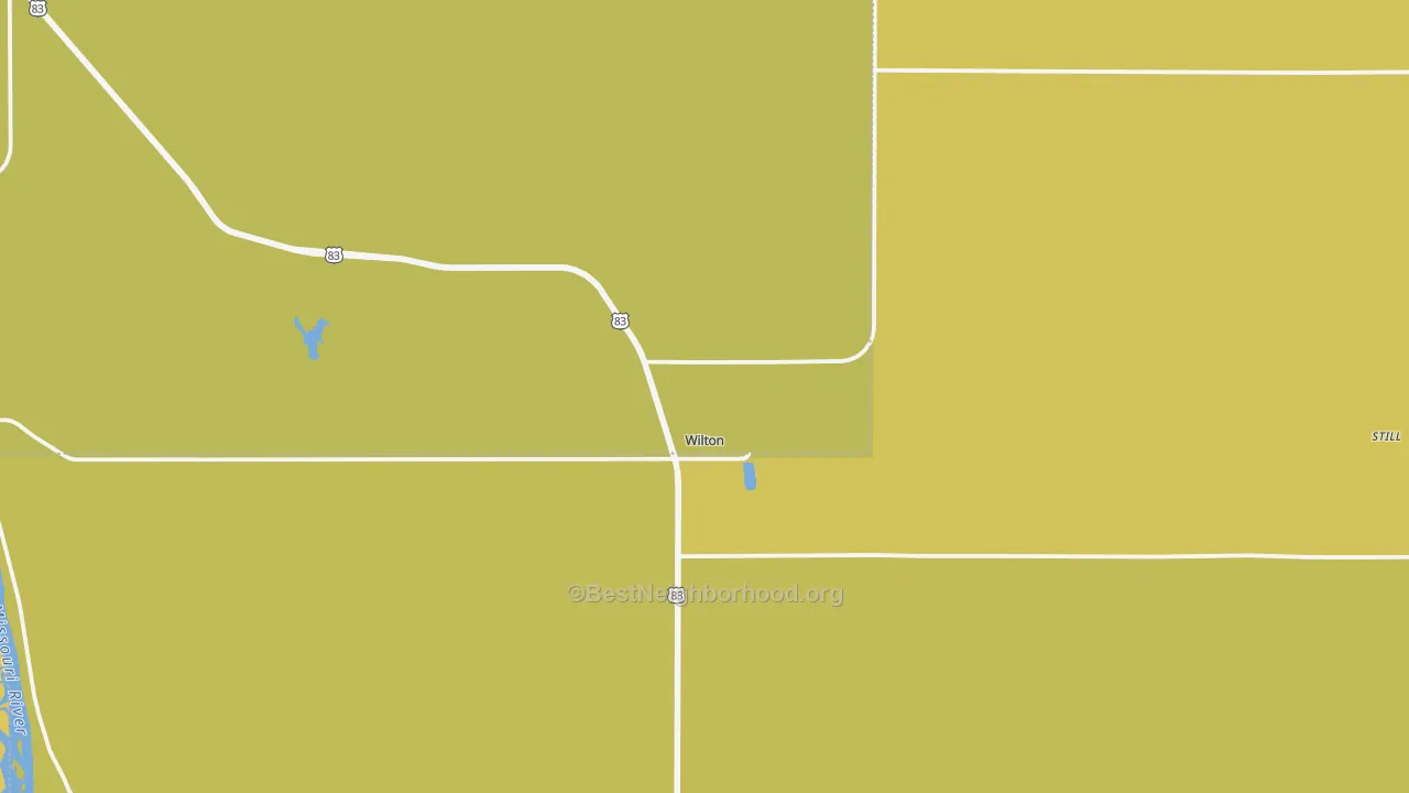 Map of the best neighborhoods in the 58579 area, with better matches in green and worse matches in red