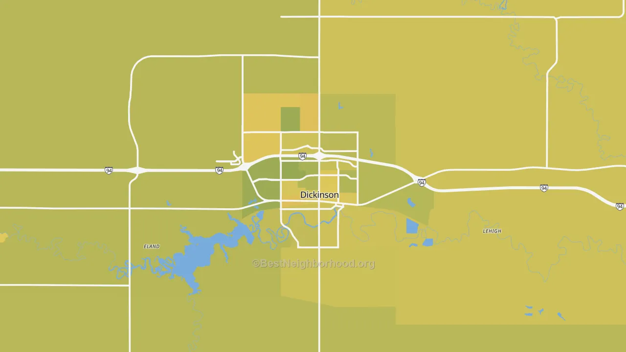 Map of the best neighborhoods in the 58601 area, with better matches in green and worse matches in red