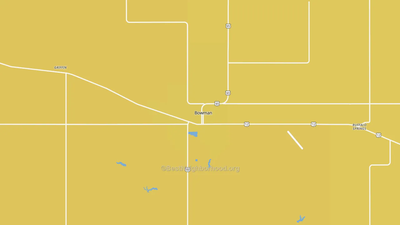 Map of the best neighborhoods in the 58623 area, with better matches in green and worse matches in red