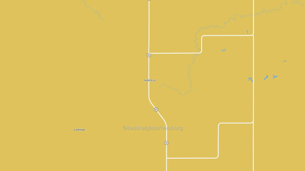 Map of the best neighborhoods in the 58627 area, with better matches in green and worse matches in red
