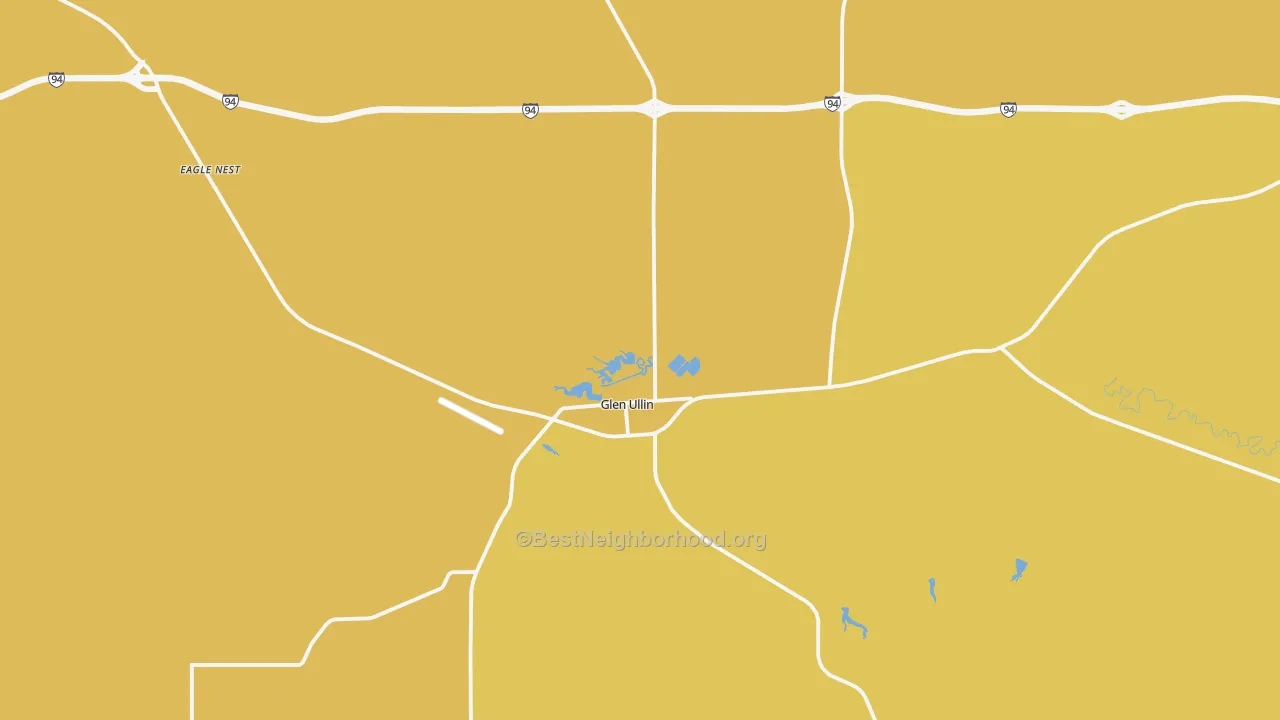 Map of the best neighborhoods in the 58631 area, with better matches in green and worse matches in red