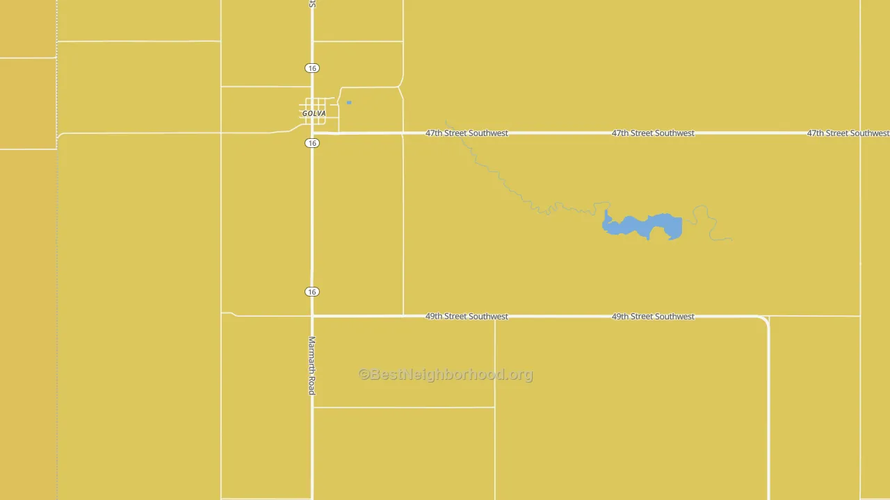 Map of the best neighborhoods in the 58632 area, with better matches in green and worse matches in red