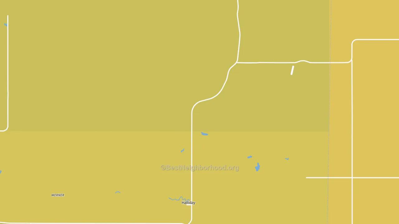 Map of the best neighborhoods in the 58636 area, with better matches in green and worse matches in red