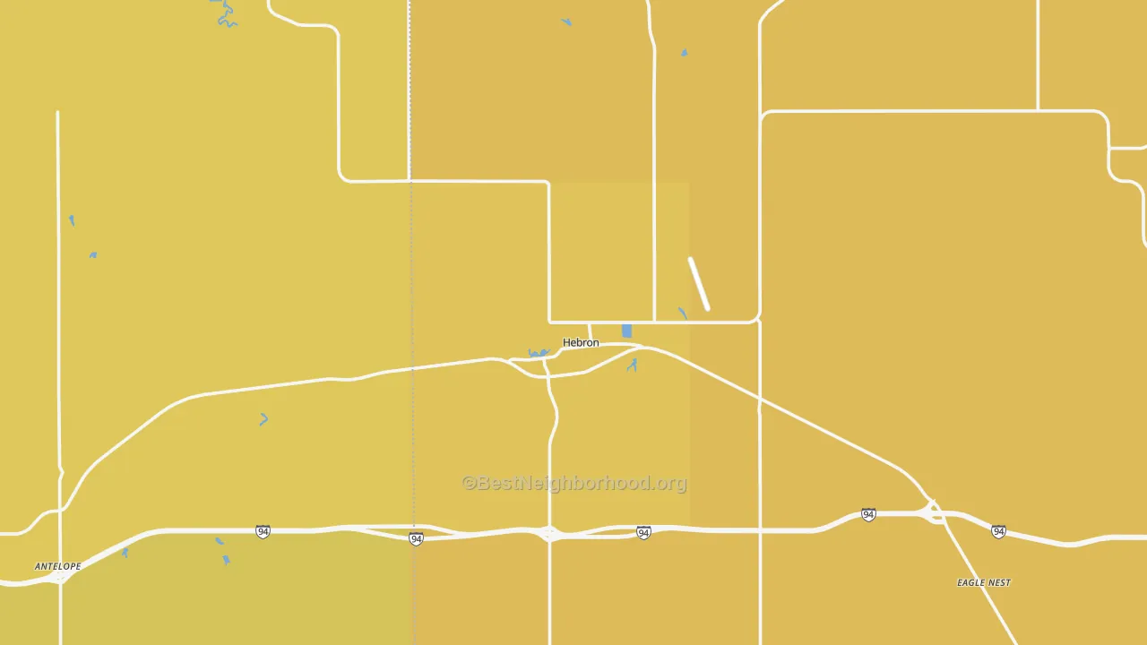 Map of the best neighborhoods in the 58638 area, with better matches in green and worse matches in red