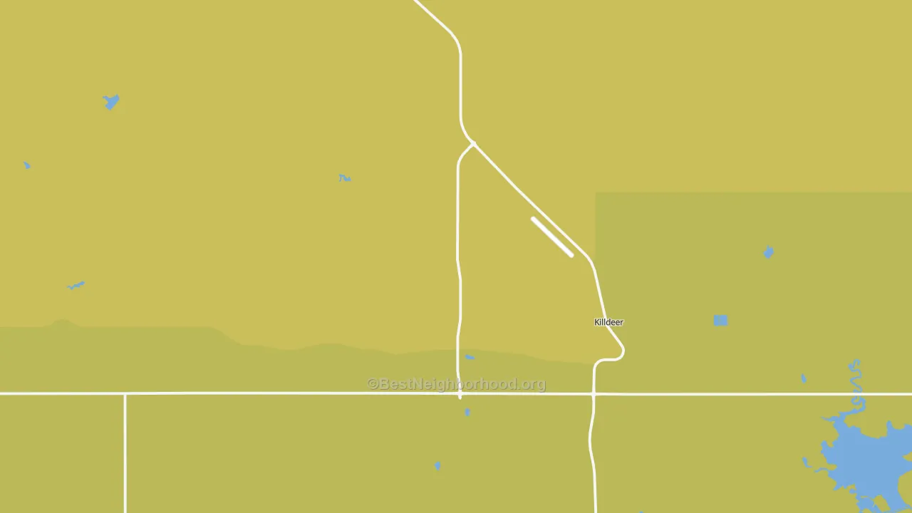 Map of the best neighborhoods in the 58640 area, with better matches in green and worse matches in red