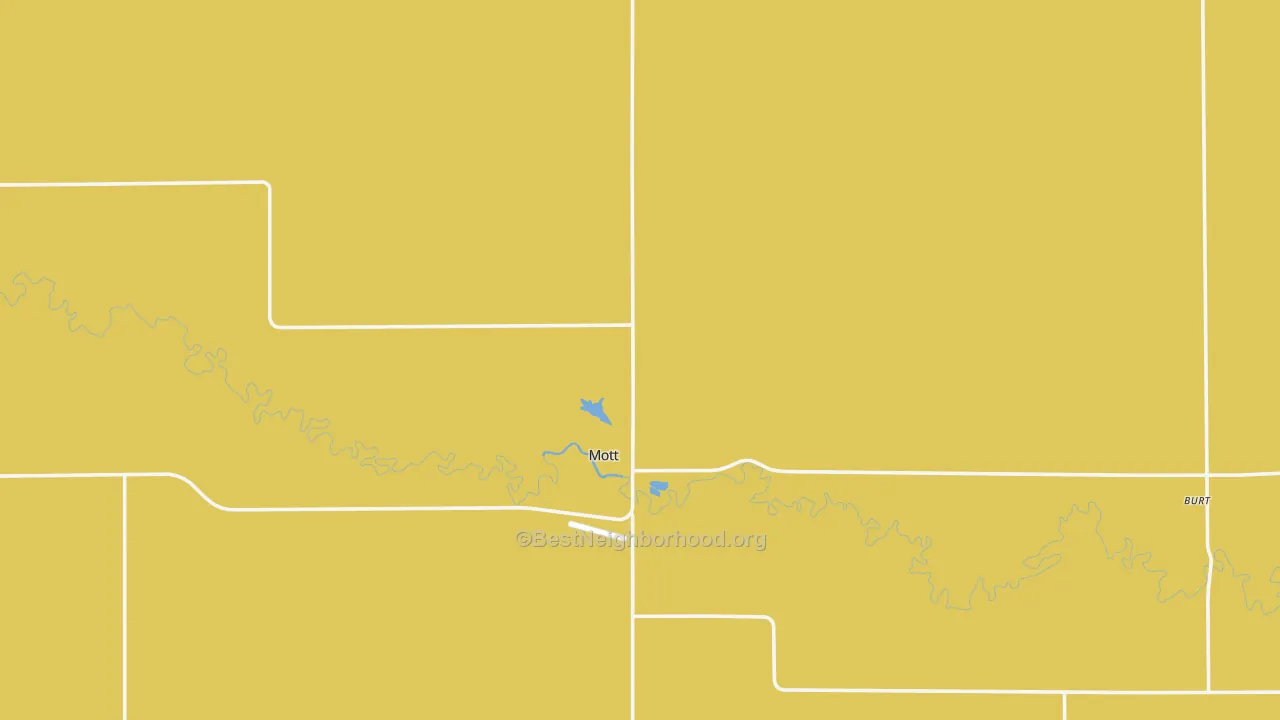 Map of the best neighborhoods in the 58646 area, with better matches in green and worse matches in red