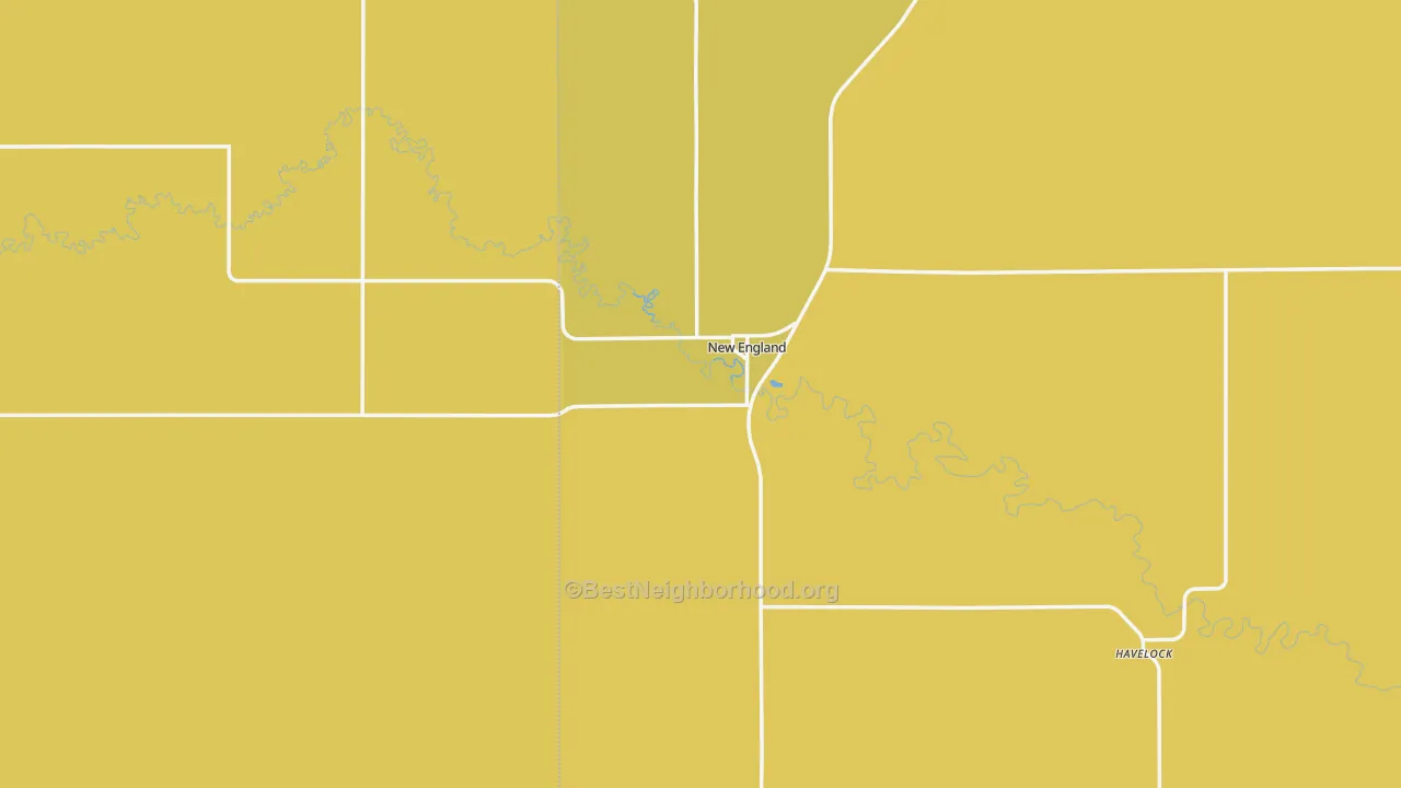 Map of the best neighborhoods in the 58647 area, with better matches in green and worse matches in red