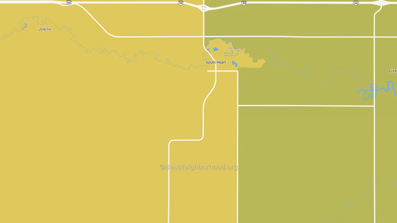 Map of the best neighborhoods in the 58655 area, with better matches in green and worse matches in red