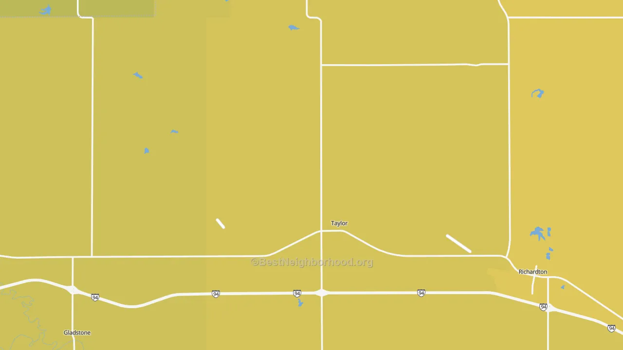Map of the best neighborhoods in the 58656 area, with better matches in green and worse matches in red