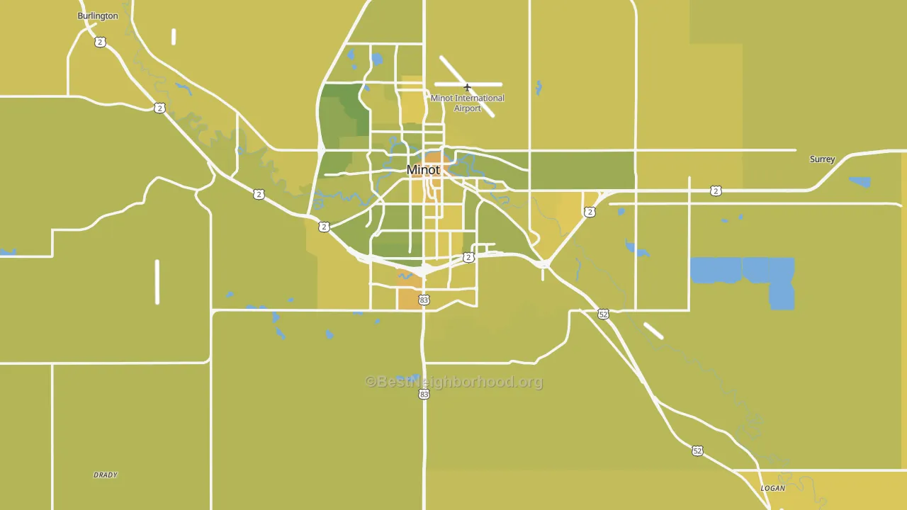 Map of the best neighborhoods in the 58701 area, with better matches in green and worse matches in red