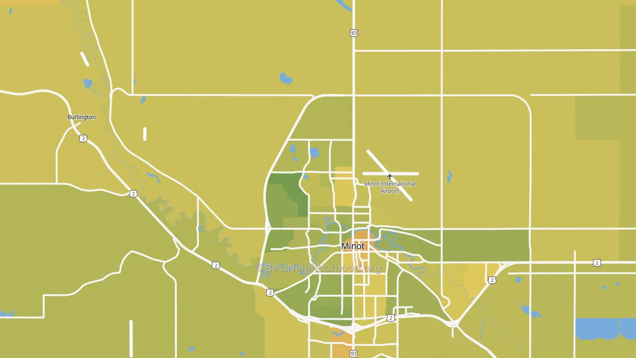 Map of the best neighborhoods in the 58703 area, with better matches in green and worse matches in red