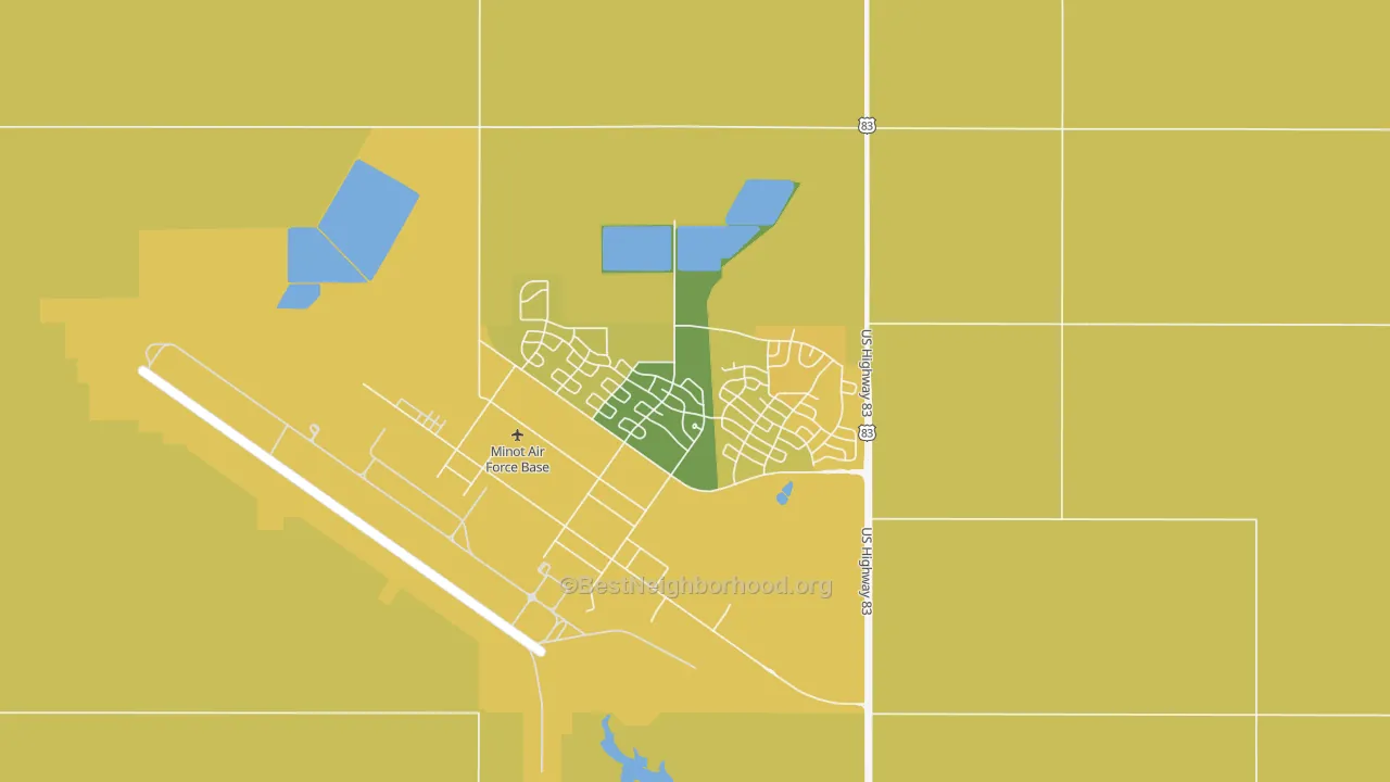 Map of the best neighborhoods in the 58704 area, with better matches in green and worse matches in red