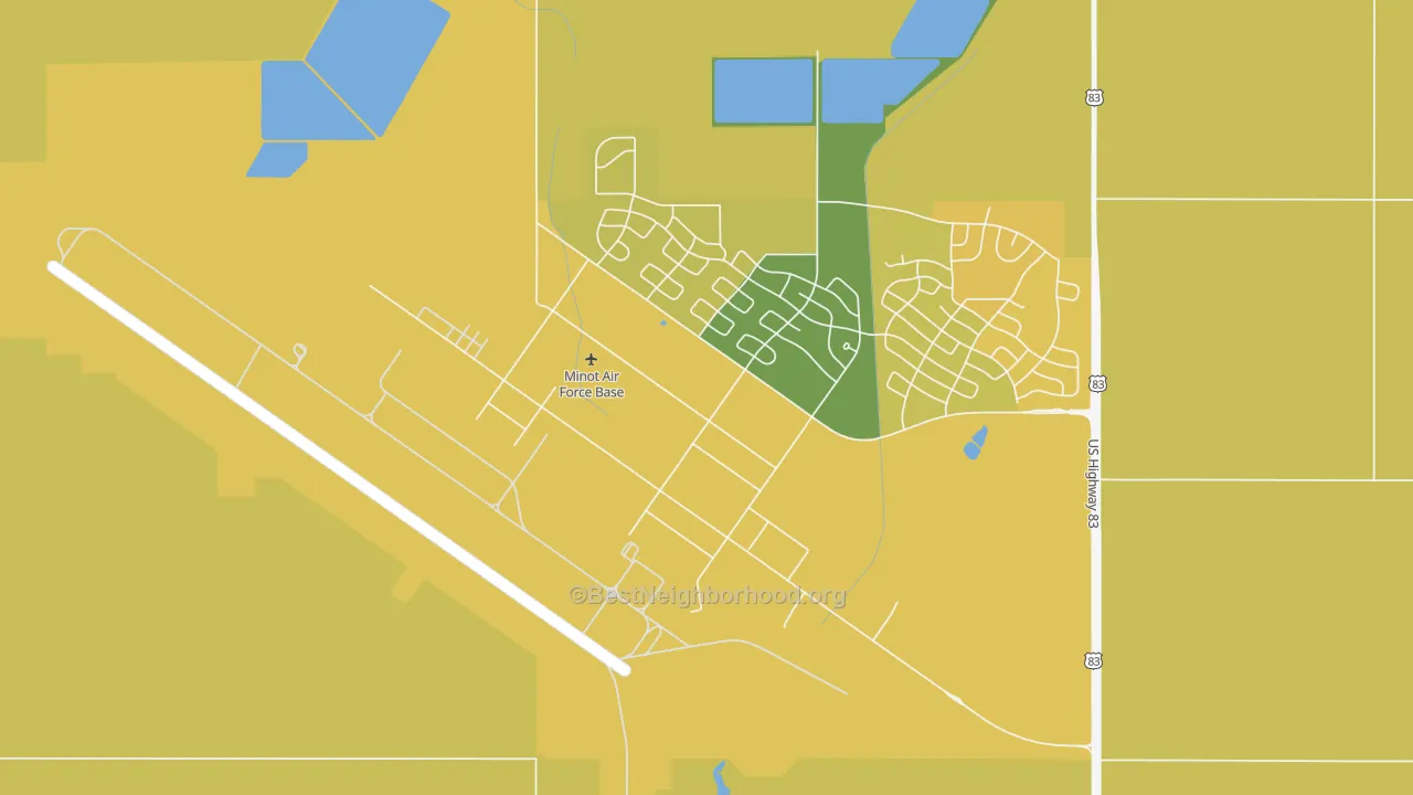 Map of the best neighborhoods in the 58705 area, with better matches in green and worse matches in red