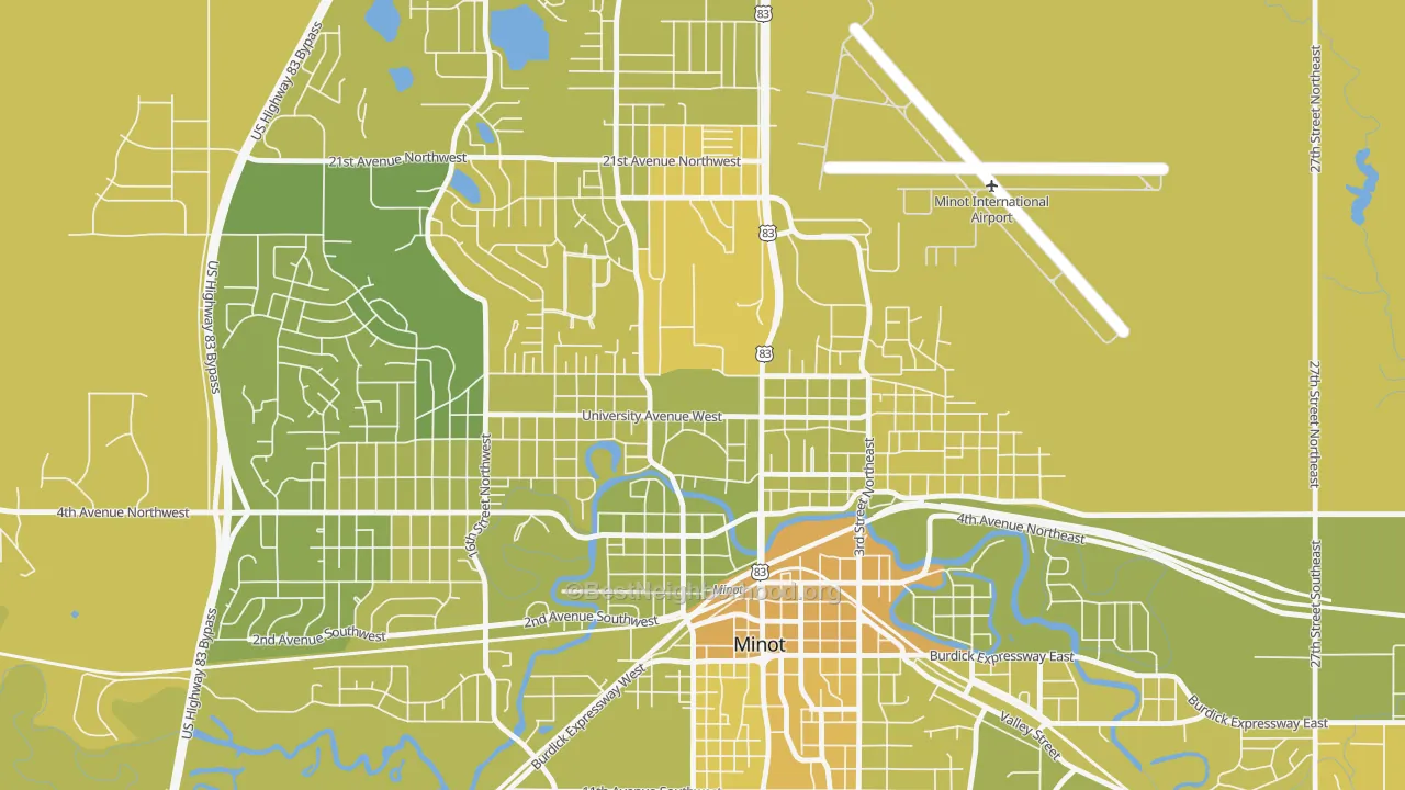 Map of the best neighborhoods in the 58707 area, with better matches in green and worse matches in red