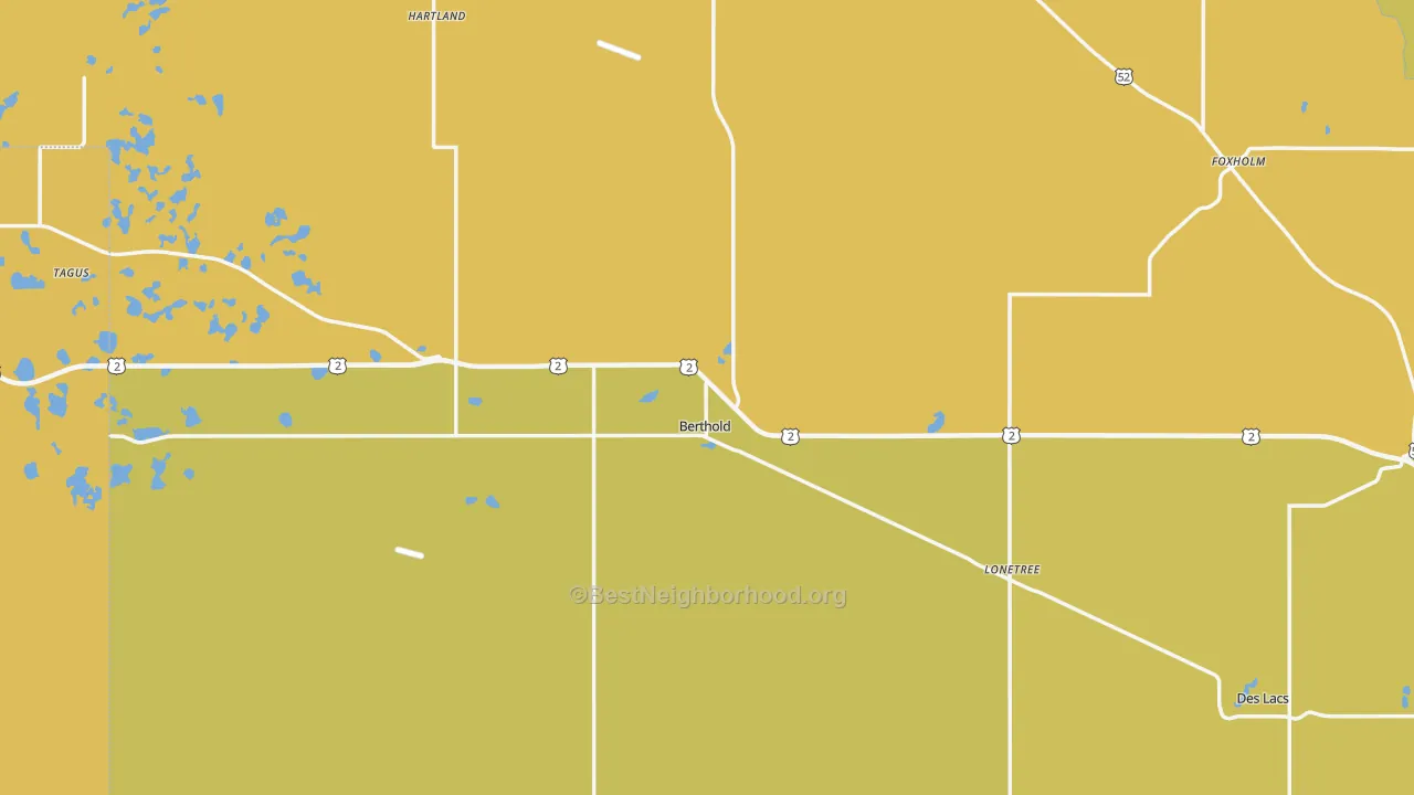 Map of the best neighborhoods in the 58718 area, with better matches in green and worse matches in red