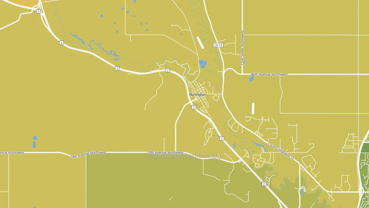 Map of the best neighborhoods in the 58722 area, with better matches in green and worse matches in red