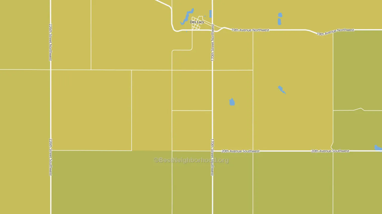 Map of the best neighborhoods in the 58733 area, with better matches in green and worse matches in red