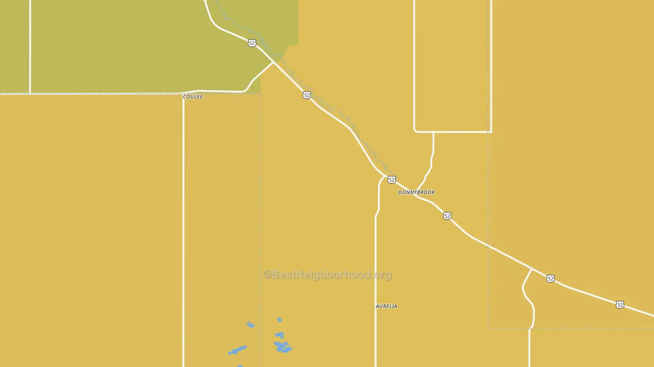 Map of the best neighborhoods in the 58734 area, with better matches in green and worse matches in red