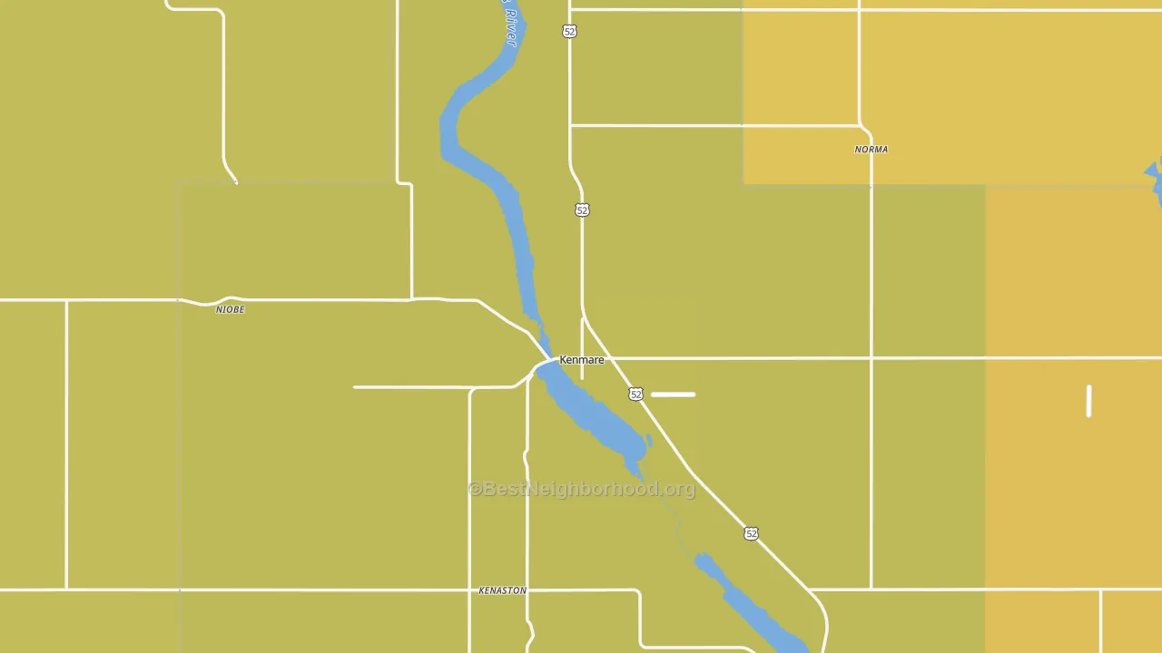 Map of the best neighborhoods in the 58746 area, with better matches in green and worse matches in red