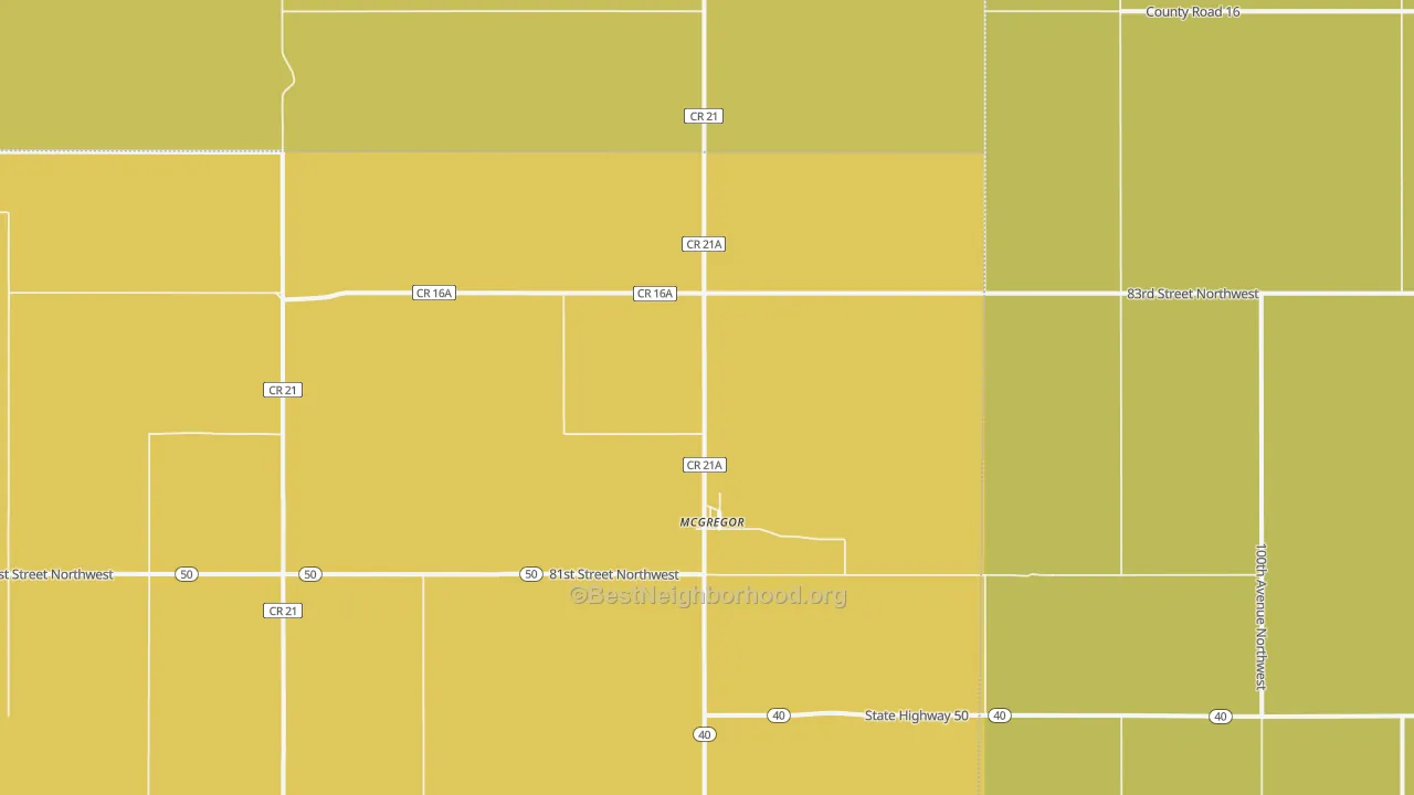 Map of the best neighborhoods in the 58755 area, with better matches in green and worse matches in red
