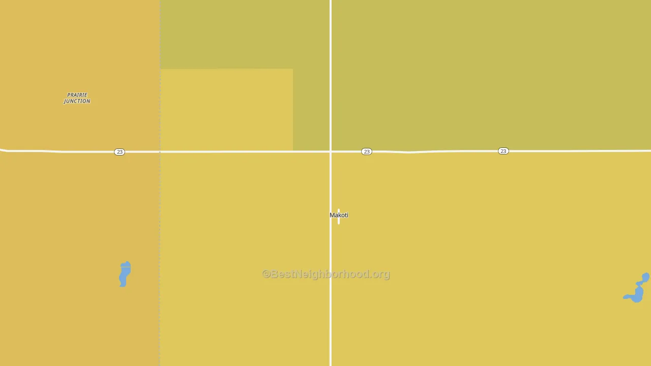 Map of the best neighborhoods in the 58756 area, with better matches in green and worse matches in red