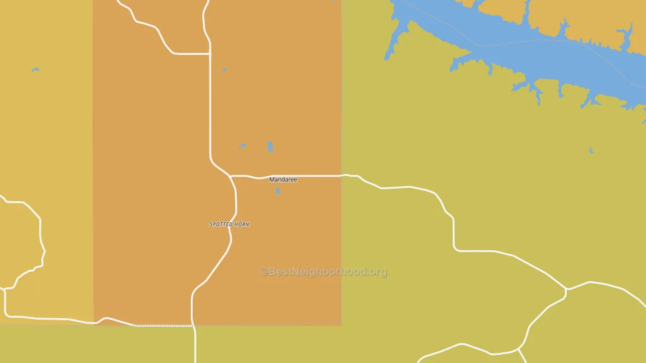 Map of the best neighborhoods in the 58757 area, with better matches in green and worse matches in red