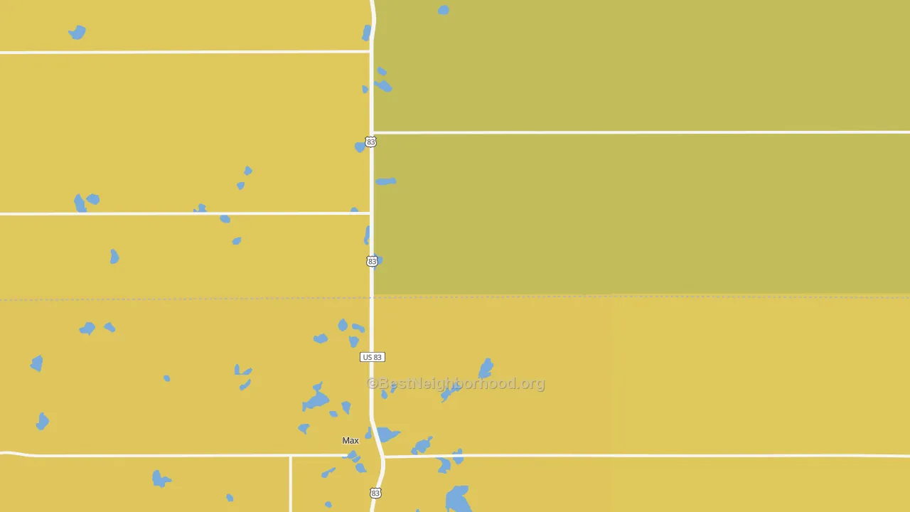 Map of the best neighborhoods in the 58759 area, with better matches in green and worse matches in red