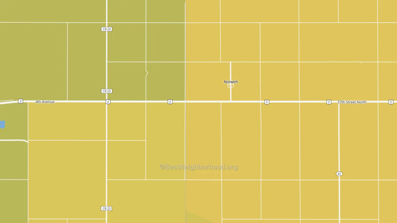 Map of the best neighborhoods in the 58768 area, with better matches in green and worse matches in red