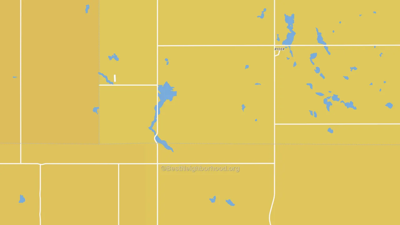 Map of the best neighborhoods in the 58779 area, with better matches in green and worse matches in red