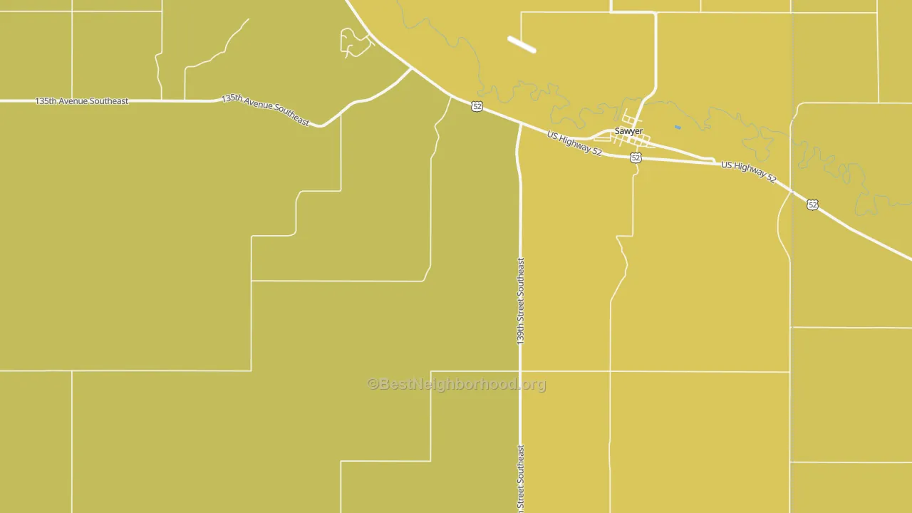 Map of the best neighborhoods in the 58781 area, with better matches in green and worse matches in red