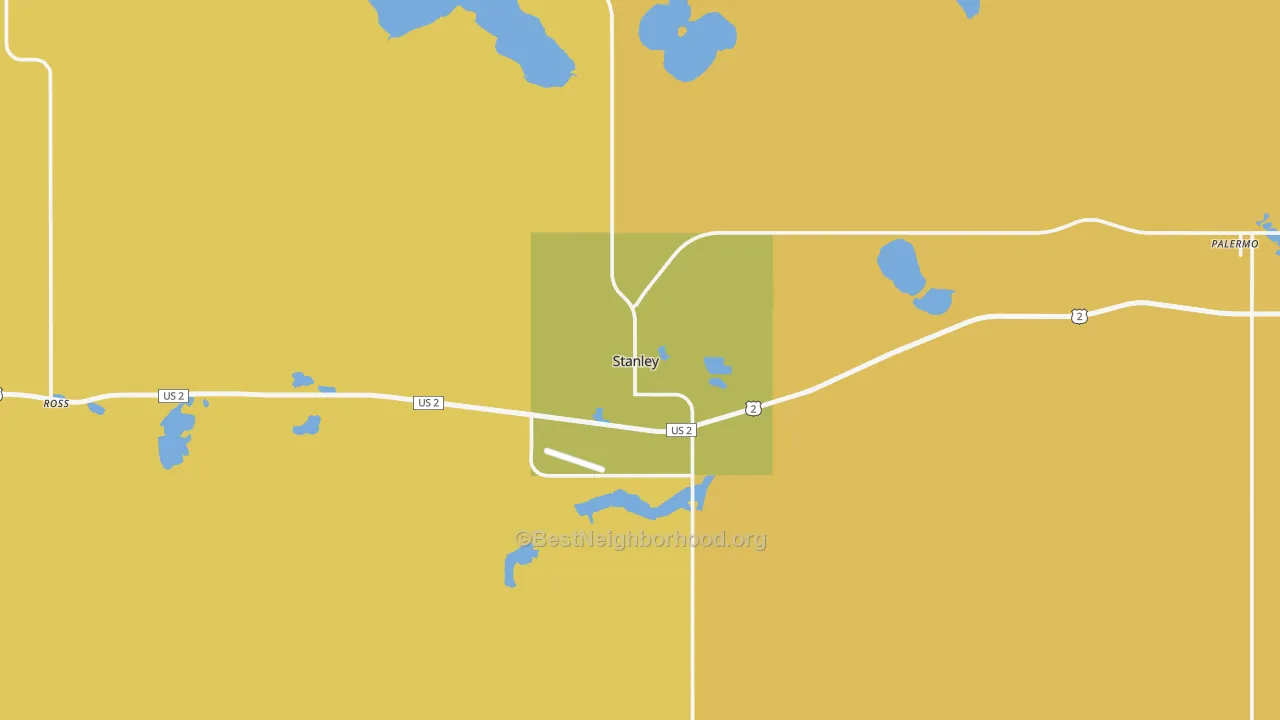 Map of the best neighborhoods in the 58784 area, with better matches in green and worse matches in red