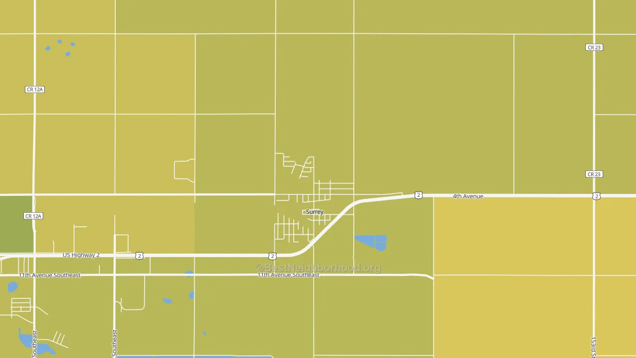 Map of the best neighborhoods in the 58785 area, with better matches in green and worse matches in red