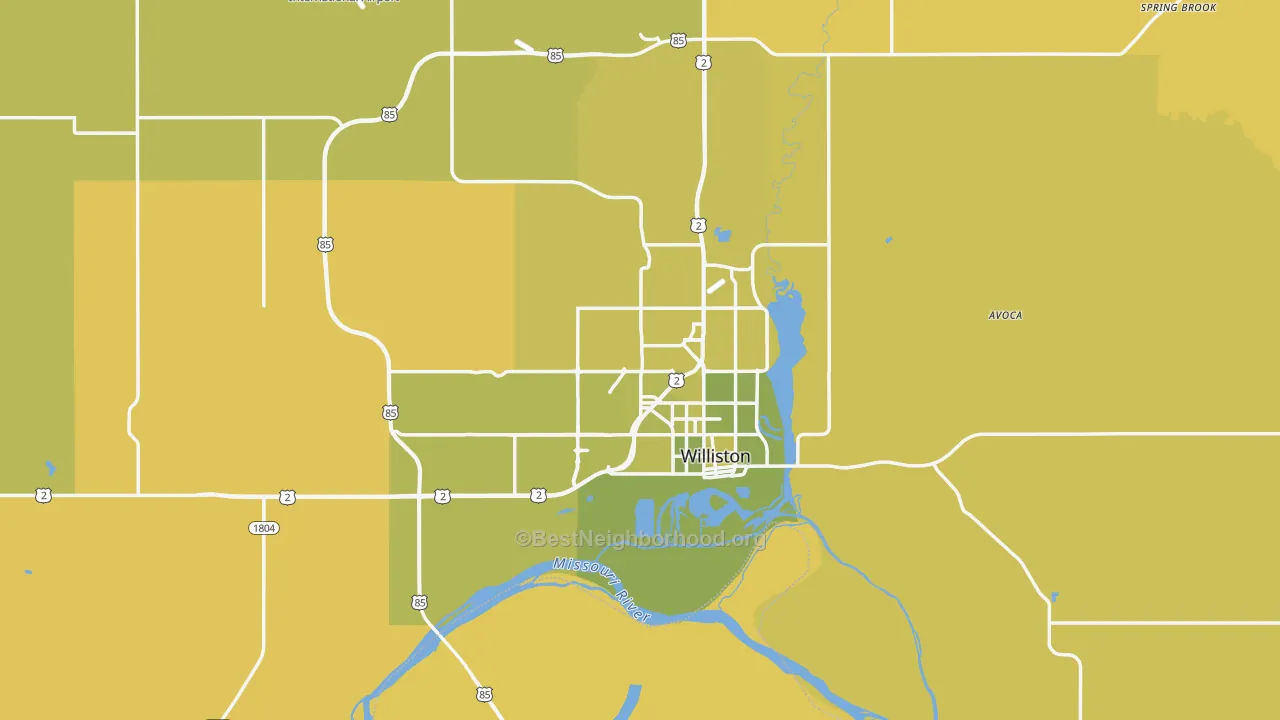 Map of the best neighborhoods in the 58801 area, with better matches in green and worse matches in red