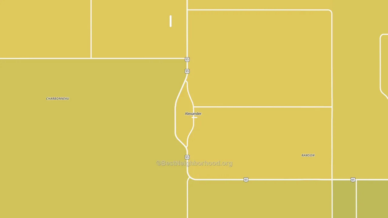 Map of the best neighborhoods in the 58831 area, with better matches in green and worse matches in red