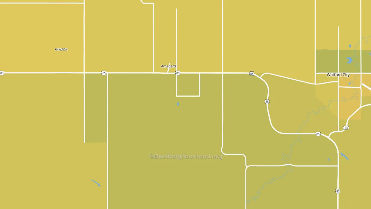 Map of the best neighborhoods in the 58835 area, with better matches in green and worse matches in red