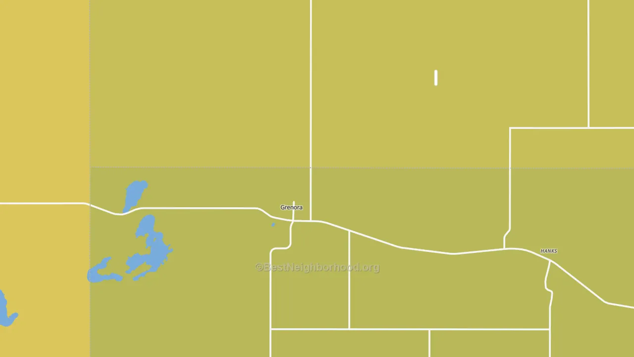 Map of the best neighborhoods in the 58845 area, with better matches in green and worse matches in red