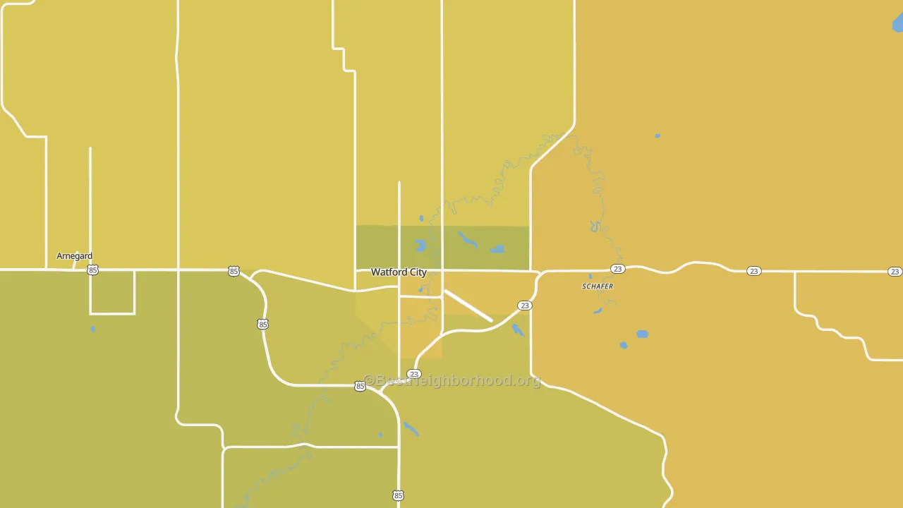 Map of the best neighborhoods in the 58854 area, with better matches in green and worse matches in red