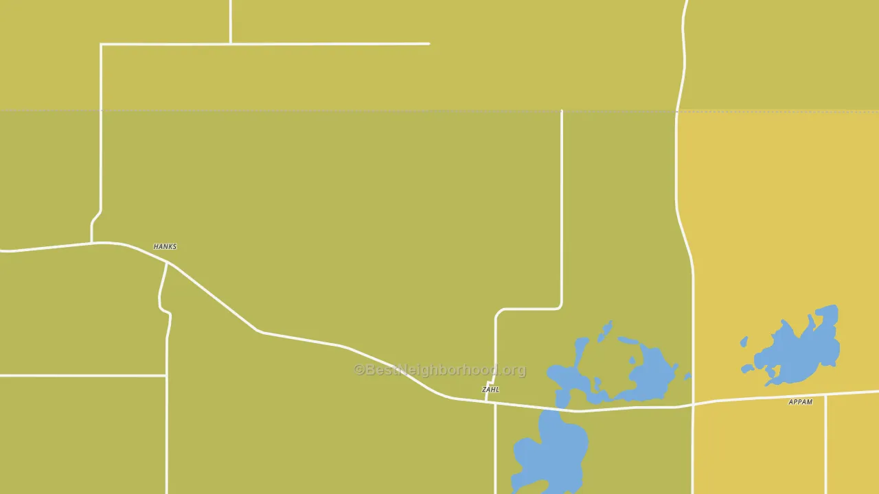 Map of the best neighborhoods in the 58856 area, with better matches in green and worse matches in red