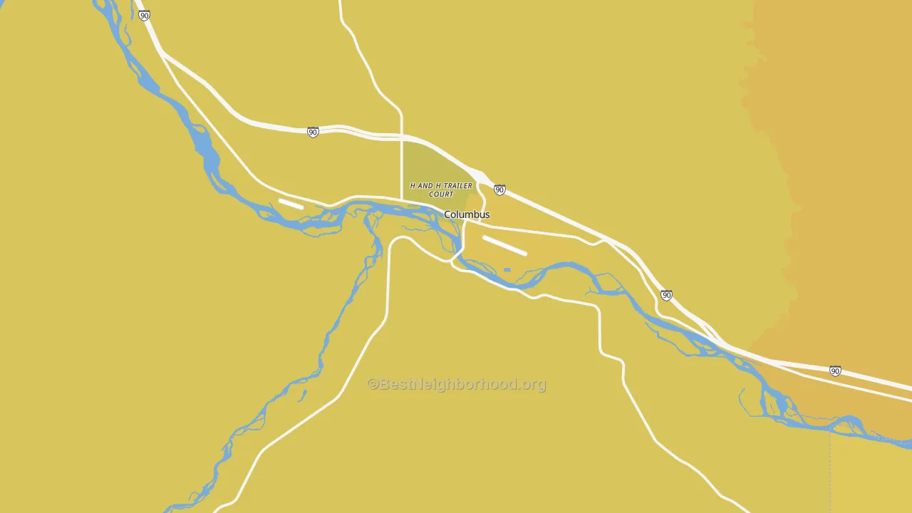Map of the best neighborhoods in the 59019 area, with better matches in green and worse matches in red