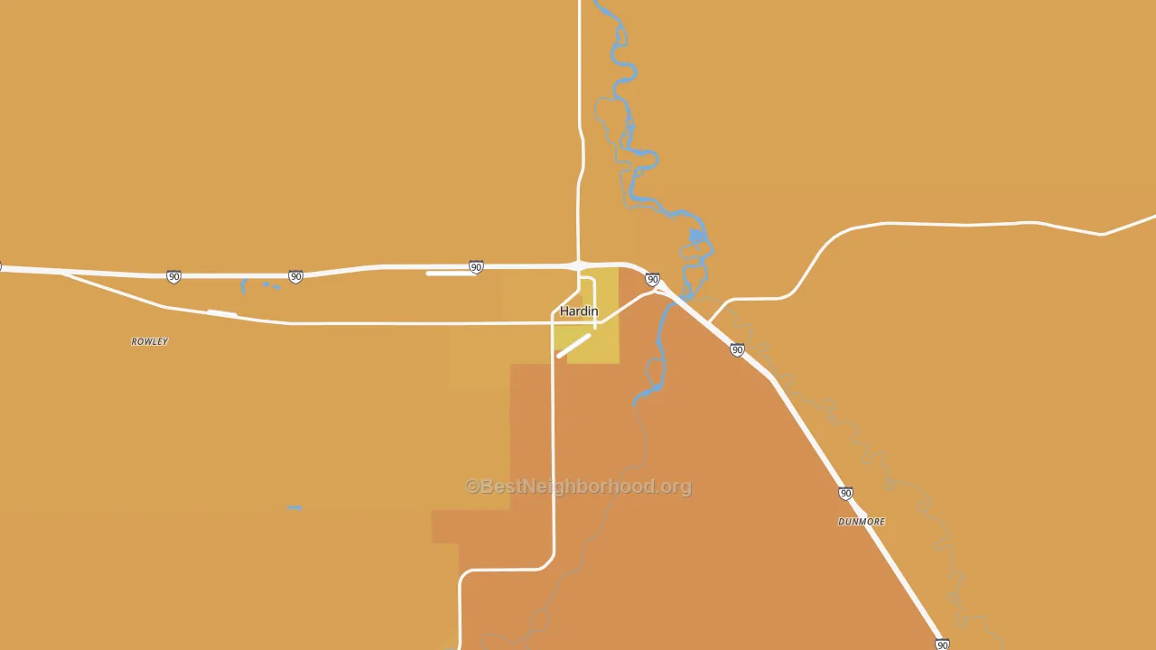 Map of the best neighborhoods in the 59034 area, with better matches in green and worse matches in red