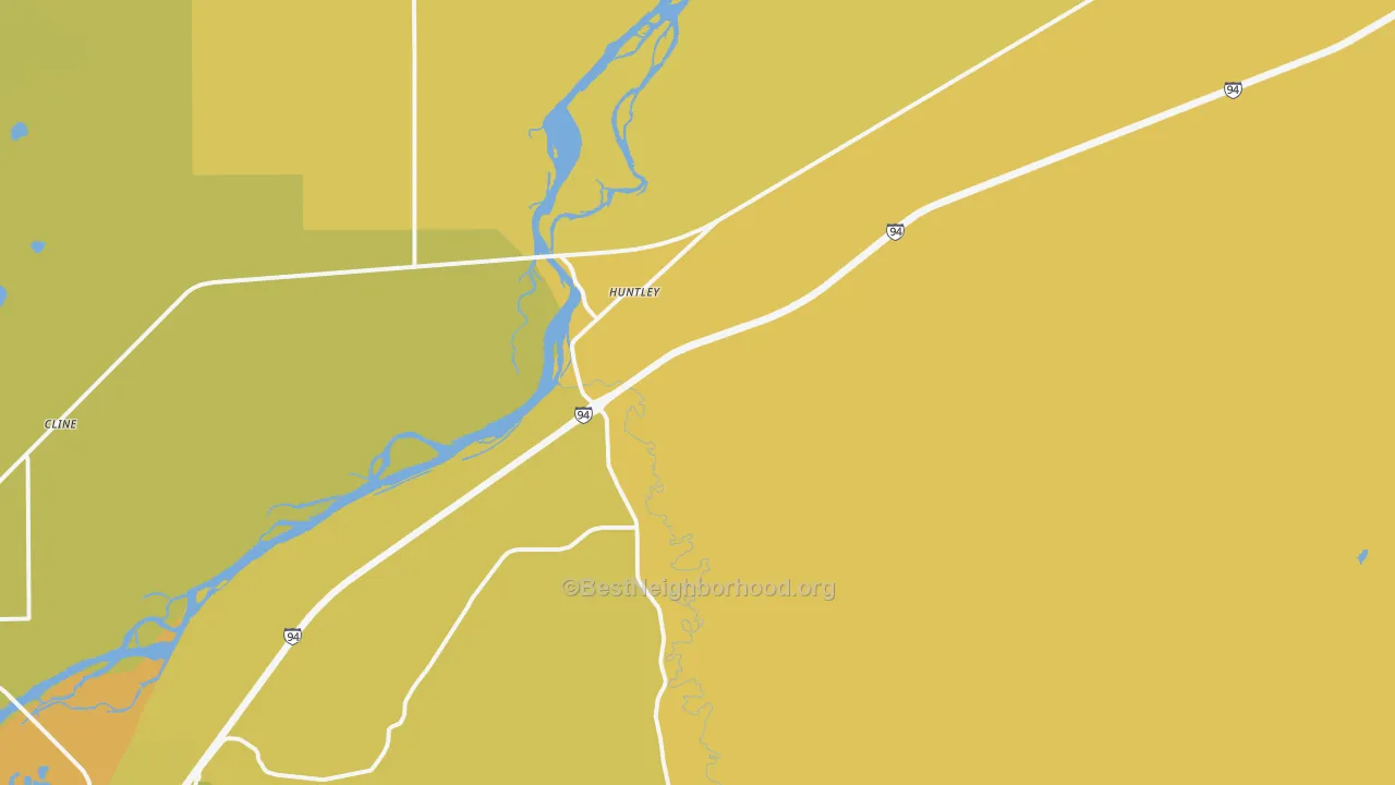 Map of the best neighborhoods in the 59037 area, with better matches in green and worse matches in red