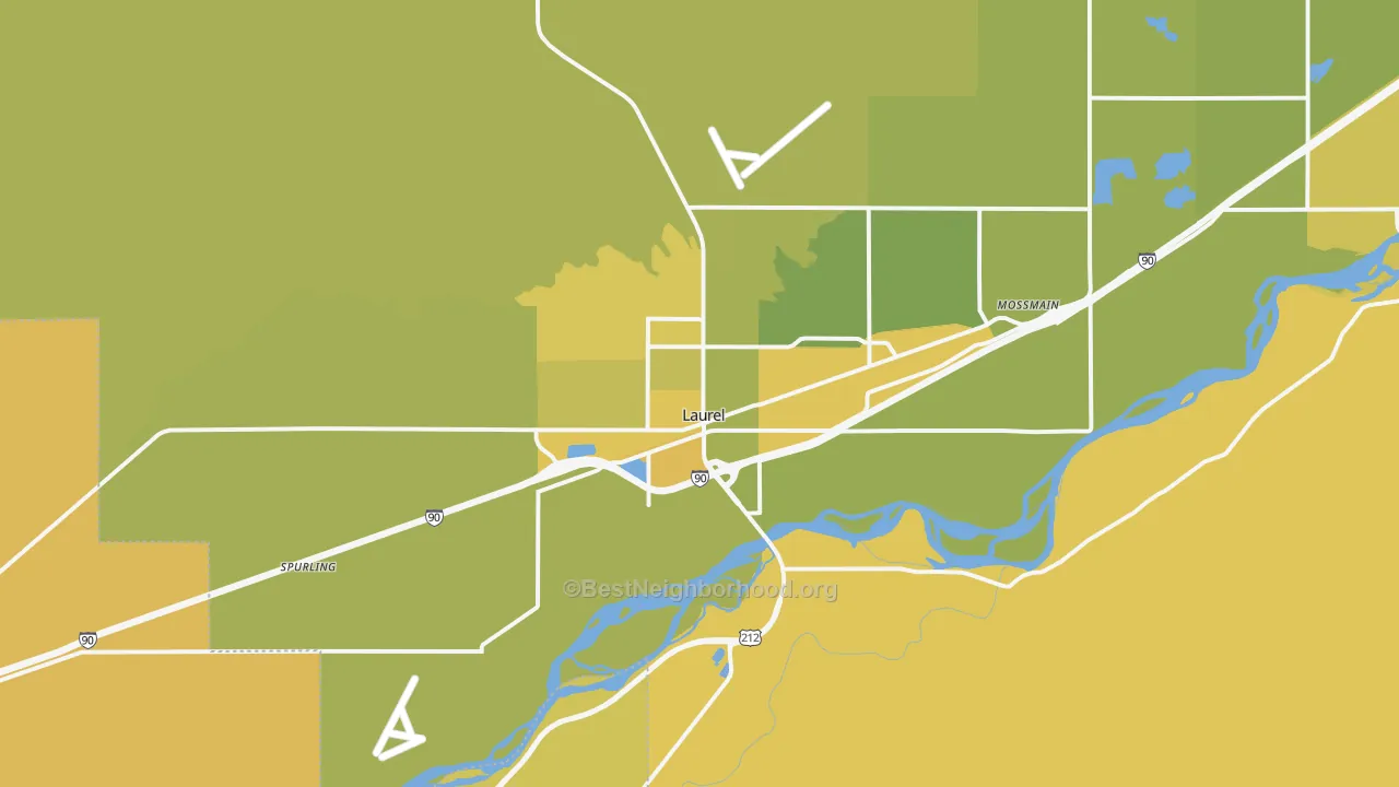 Map of the best neighborhoods in the 59044 area, with better matches in green and worse matches in red