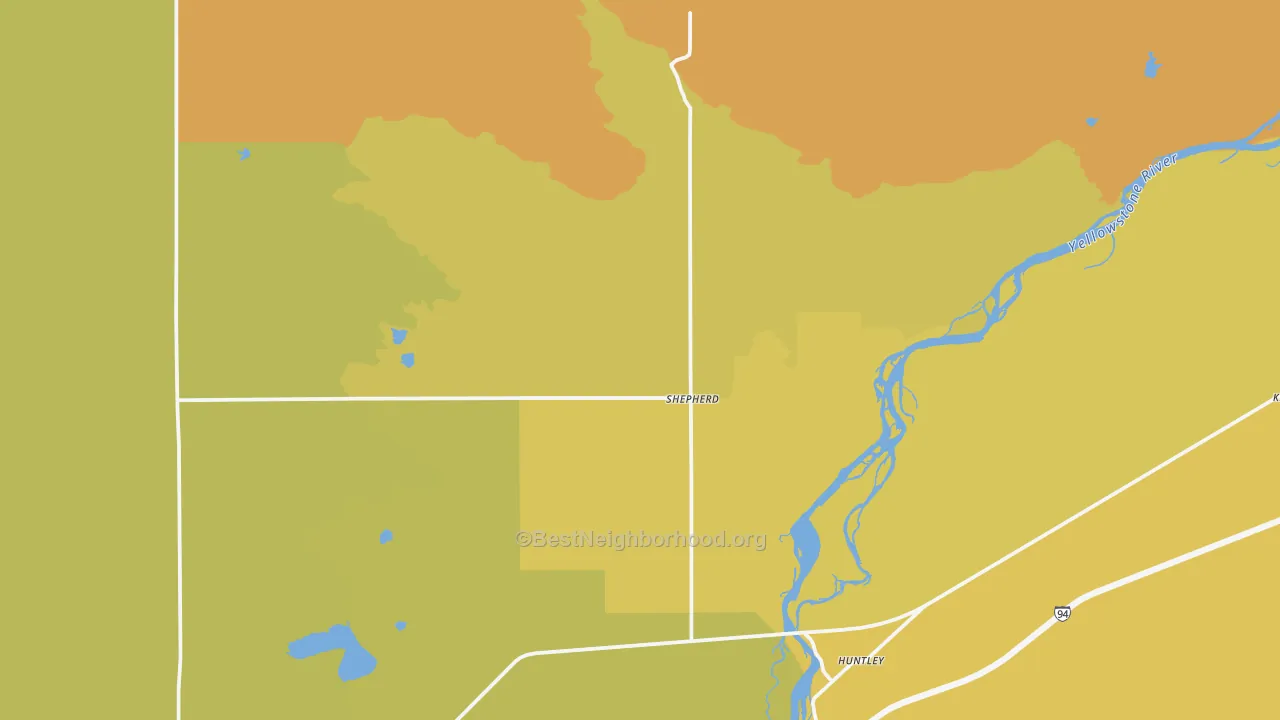 Map of the best neighborhoods in the 59079 area, with better matches in green and worse matches in red