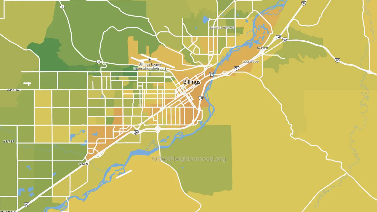 Map of the best neighborhoods in the 59101 area, with better matches in green and worse matches in red