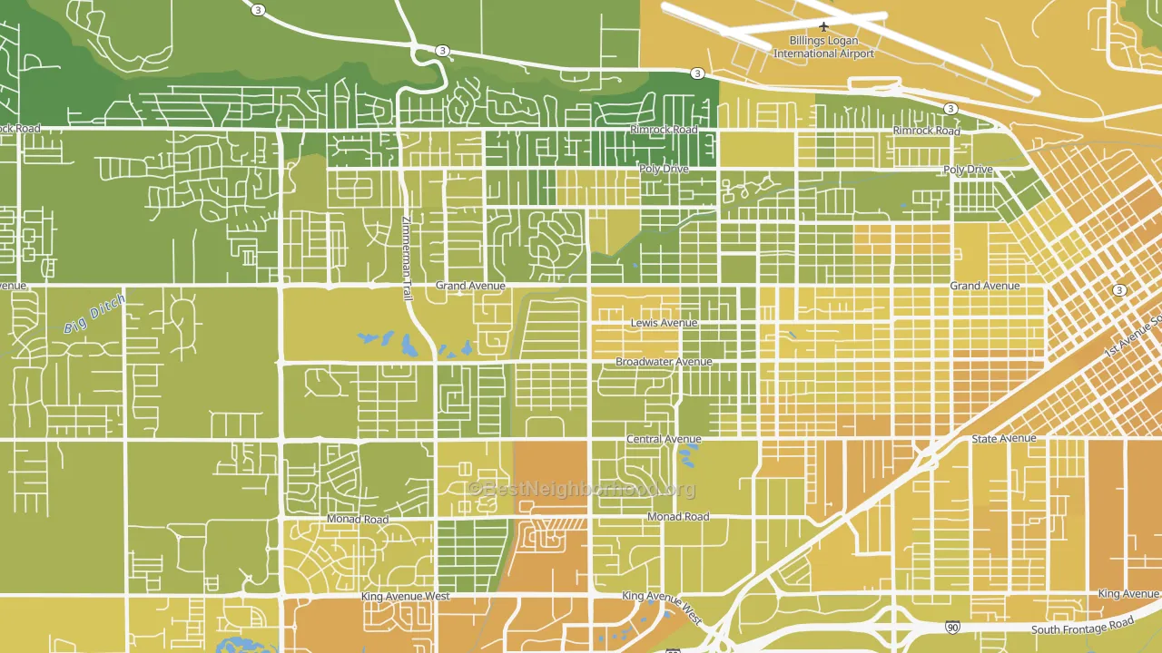 Map of the best neighborhoods in the 59102 area, with better matches in green and worse matches in red
