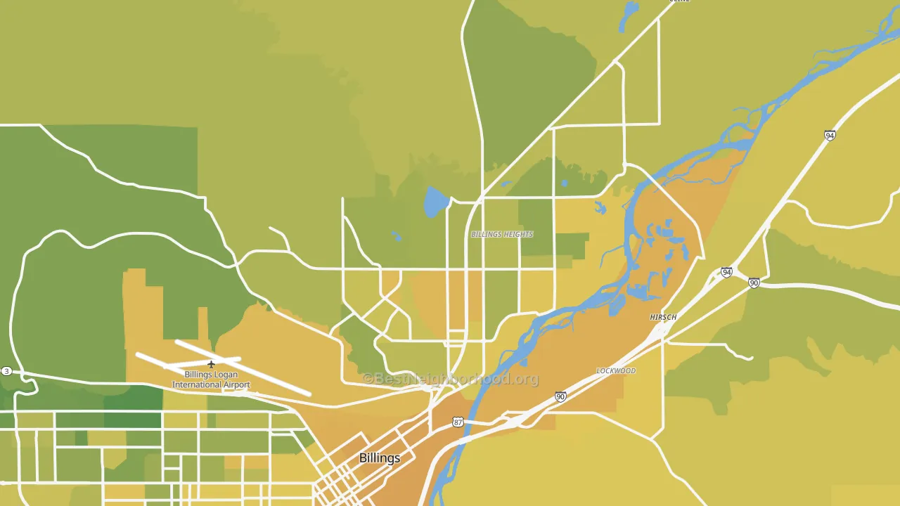 Map of the best neighborhoods in the 59105 area, with better matches in green and worse matches in red