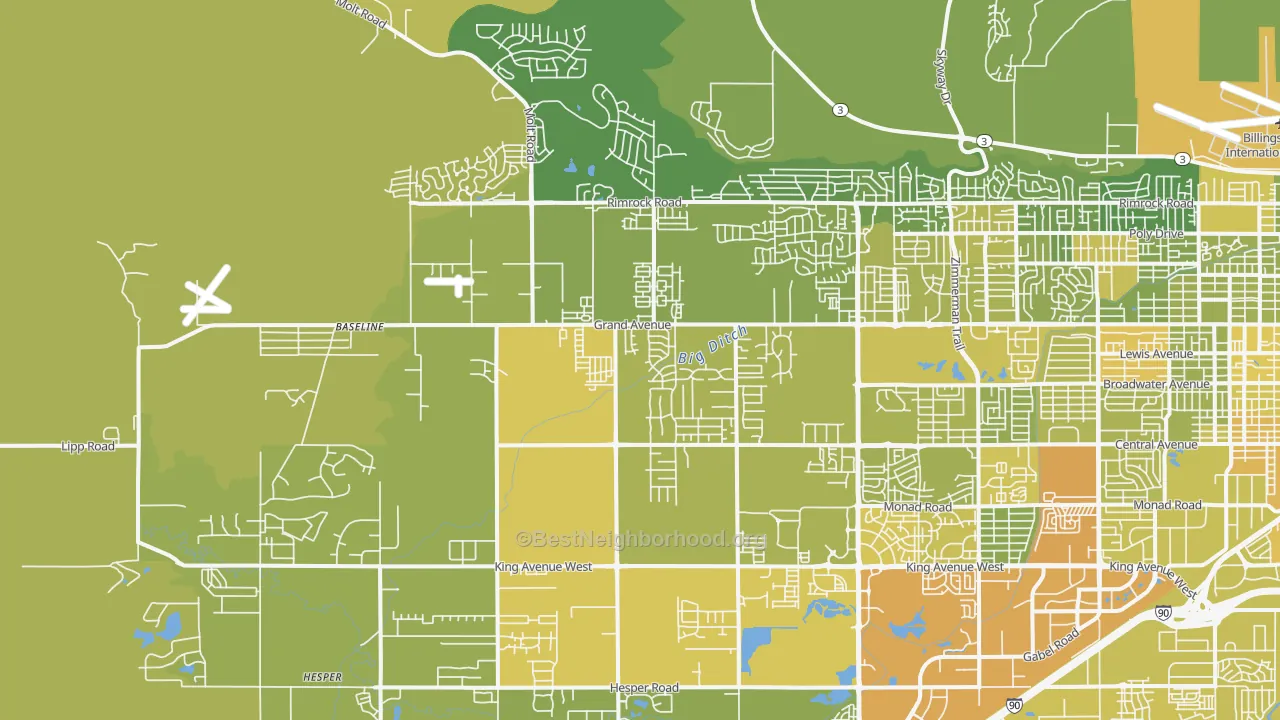Map of the best neighborhoods in the 59106 area, with better matches in green and worse matches in red