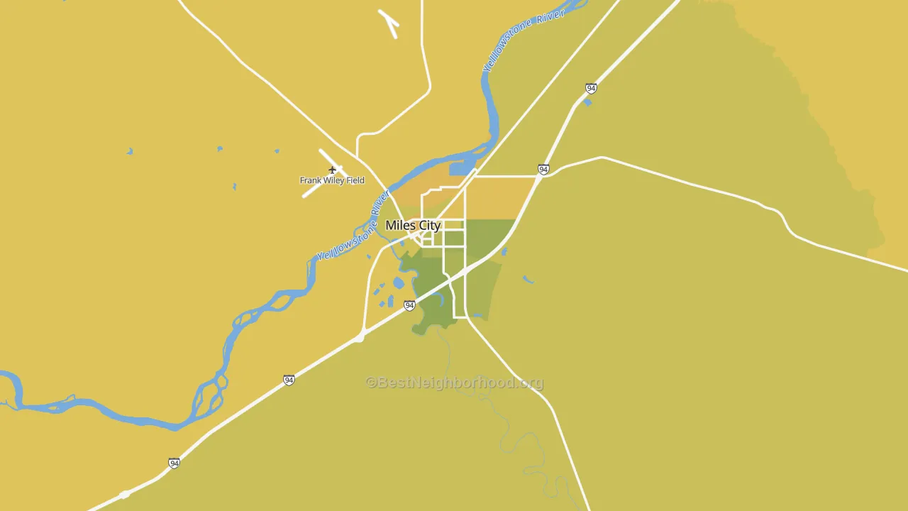 Map of the best neighborhoods in the 59301 area, with better matches in green and worse matches in red