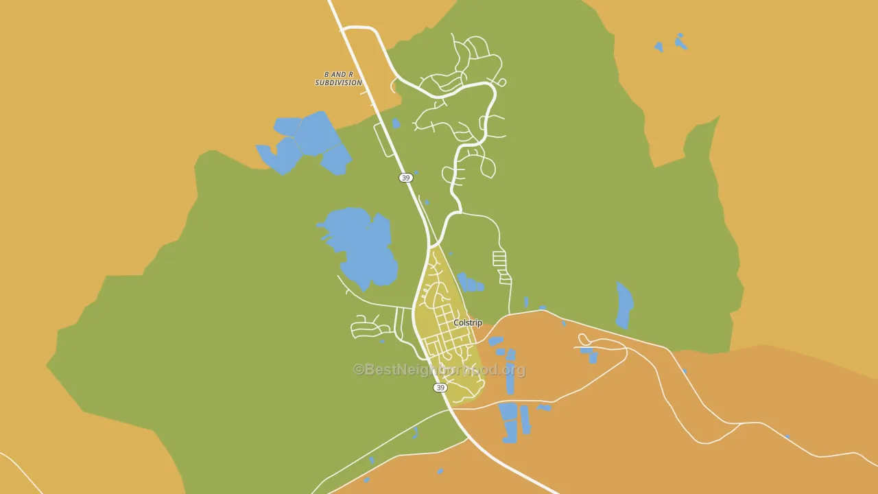 Map of the best neighborhoods in the 59323 area, with better matches in green and worse matches in red