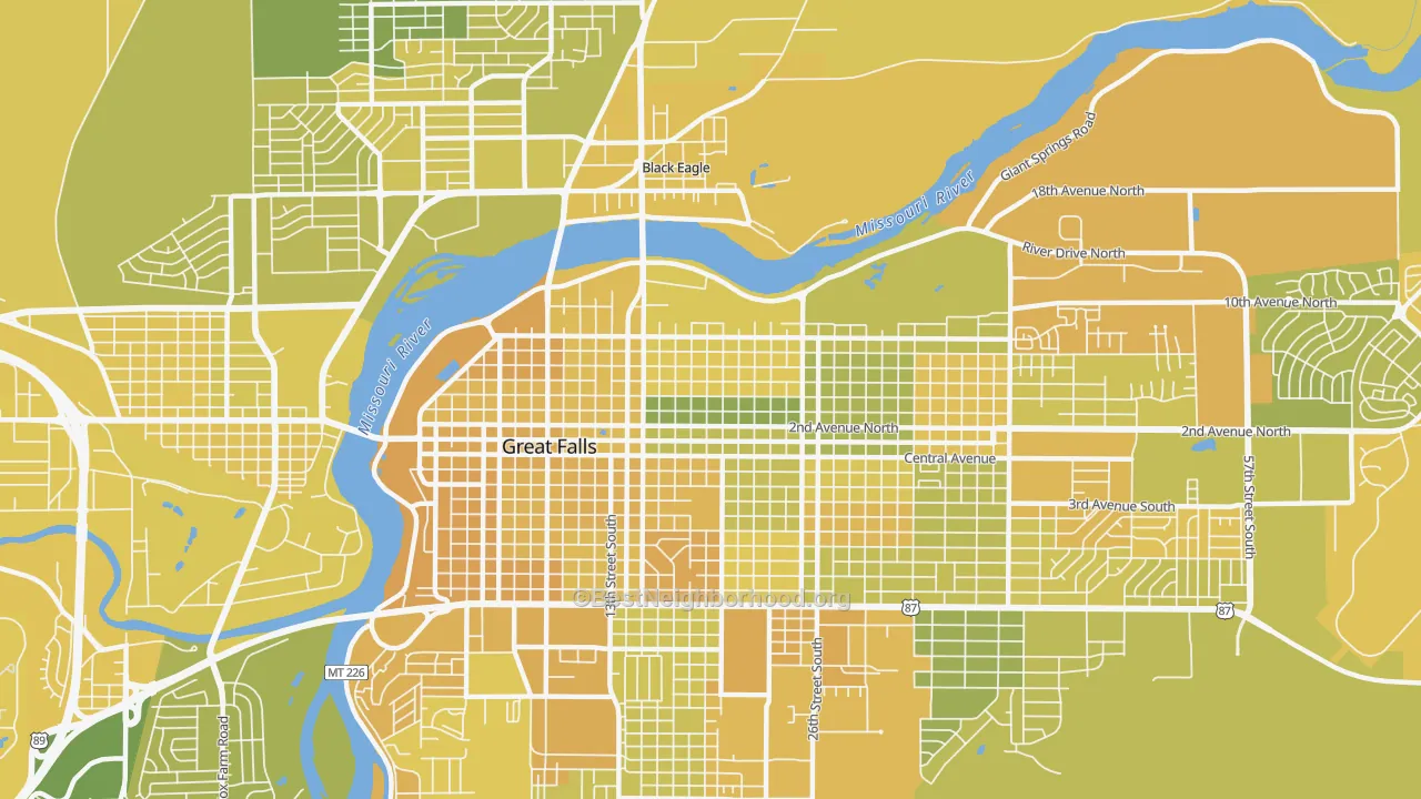 Map of the best neighborhoods in the 59401 area, with better matches in green and worse matches in red
